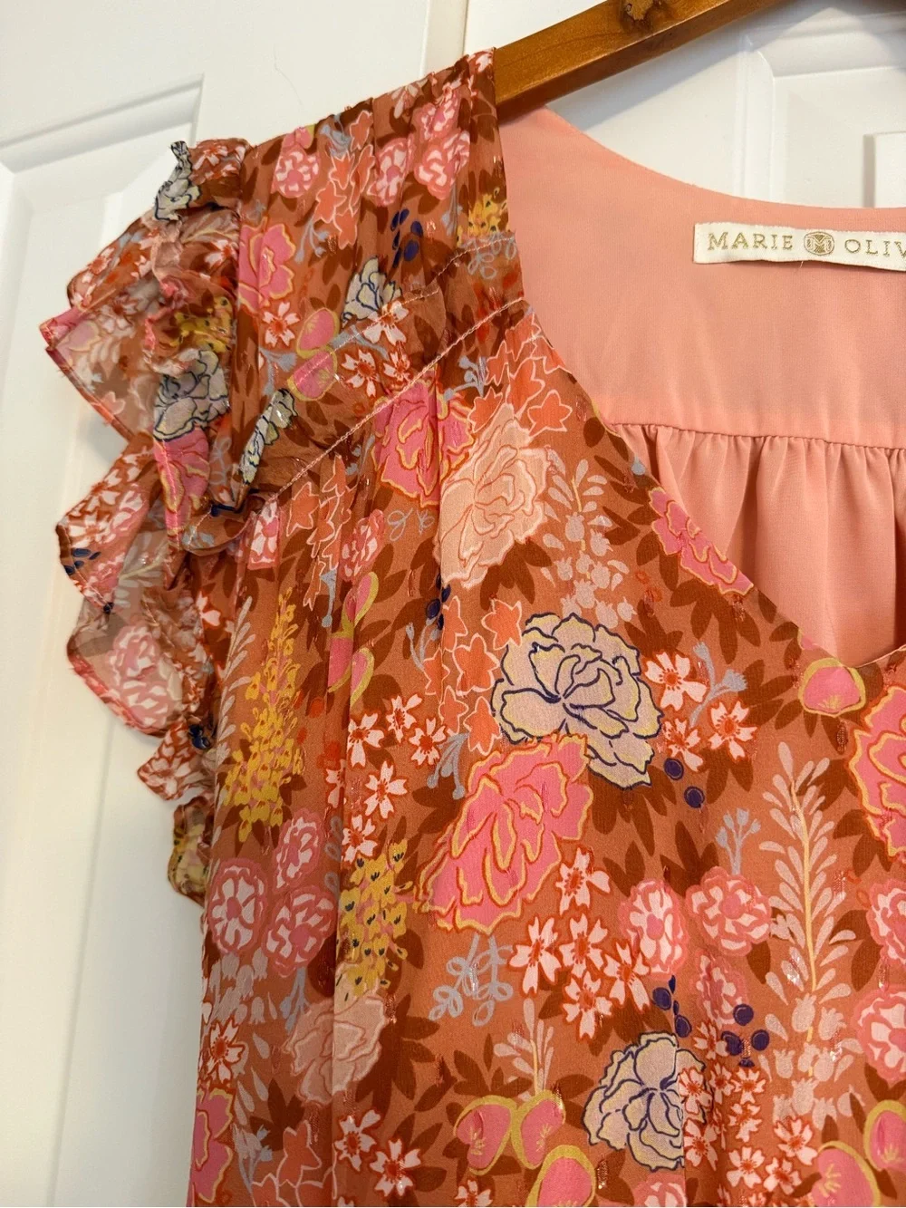 Marie Oliver Thea Ruffled Floral-Print Mini Dress Size Large Metallic Silk Blend